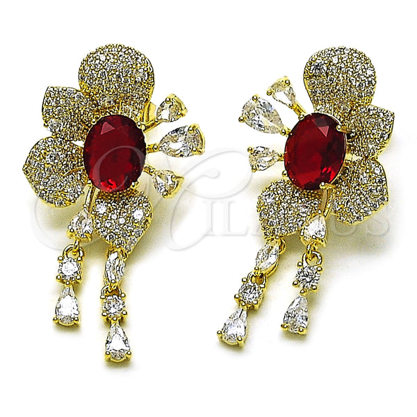 Oro Laminado Stud Earring, Gold Filled Style Cluster and Flower Design, with Garnet and White Cubic Zirconia, Polished, Golden Finish, 02.436.0001