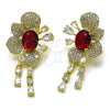 Oro Laminado Stud Earring, Gold Filled Style Cluster and Flower Design, with Garnet and White Cubic Zirconia, Polished, Golden Finish, 02.436.0001