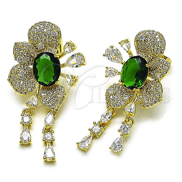 Oro Laminado Stud Earring, Gold Filled Style Cluster and Flower Design, with Green and White Cubic Zirconia, Polished, Golden Finish, 02.436.0001.1