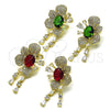 Oro Laminado Stud Earring, Gold Filled Style Cluster and Flower Design, with Green and White Cubic Zirconia, Polished, Golden Finish, 02.436.0001.1