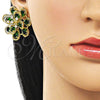 Oro Laminado Stud Earring, Gold Filled Style Flower and Teardrop Design, with Green and White Cubic Zirconia, Diamond Cutting Finish, Golden Finish, 02.436.0002