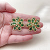Oro Laminado Stud Earring, Gold Filled Style Flower and Teardrop Design, with Green and White Cubic Zirconia, Diamond Cutting Finish, Golden Finish, 02.436.0002