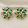 Oro Laminado Stud Earring, Gold Filled Style Flower and Teardrop Design, with Green and White Cubic Zirconia, Diamond Cutting Finish, Golden Finish, 02.436.0002