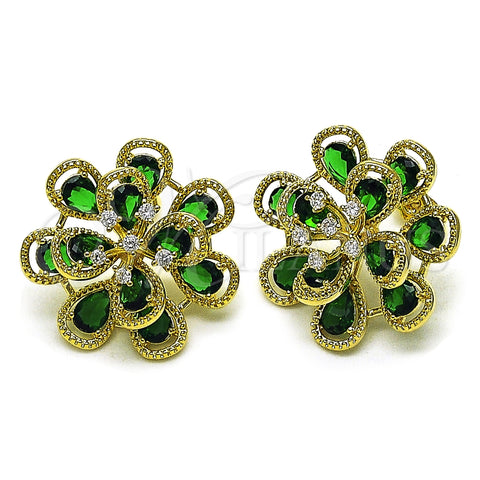 Oro Laminado Stud Earring, Gold Filled Style Flower and Teardrop Design, with Green and White Cubic Zirconia, Diamond Cutting Finish, Golden Finish, 02.436.0002