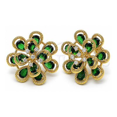 Oro Laminado Stud Earring, Gold Filled Style Flower and Teardrop Design, with Green and White Cubic Zirconia, Diamond Cutting Finish, Golden Finish, 02.436.0002