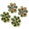 Oro Laminado Stud Earring, Gold Filled Style Flower and Teardrop Design, with Green and White Cubic Zirconia, Diamond Cutting Finish, Golden Finish, 02.436.0002