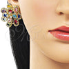 Oro Laminado Stud Earring, Gold Filled Style Flower and Teardrop Design, with Multicolor and White Cubic Zirconia, Diamond Cutting Finish, Golden Finish, 02.436.0002.1