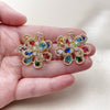 Oro Laminado Stud Earring, Gold Filled Style Flower and Teardrop Design, with Multicolor and White Cubic Zirconia, Diamond Cutting Finish, Golden Finish, 02.436.0002.1