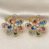 Oro Laminado Stud Earring, Gold Filled Style Flower and Teardrop Design, with Multicolor and White Cubic Zirconia, Diamond Cutting Finish, Golden Finish, 02.436.0002.1