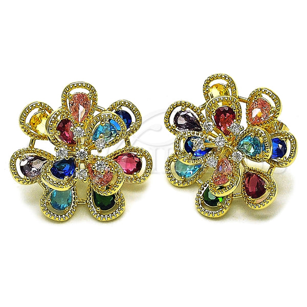 Oro Laminado Stud Earring, Gold Filled Style Flower and Teardrop Design, with Multicolor and White Cubic Zirconia, Diamond Cutting Finish, Golden Finish, 02.436.0002.1