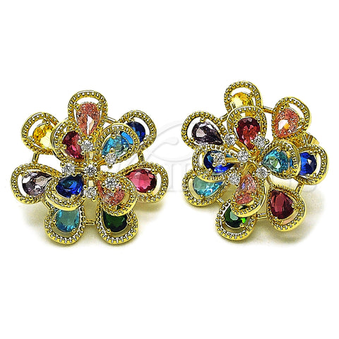 Oro Laminado Stud Earring, Gold Filled Style Flower and Teardrop Design, with Multicolor and White Cubic Zirconia, Diamond Cutting Finish, Golden Finish, 02.436.0002.1