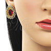 Oro Laminado Stud Earring, Gold Filled Style Cluster and Flower Design, with Garnet and White Cubic Zirconia, Polished, Golden Finish, 02.436.0003