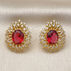 Oro Laminado Stud Earring, Gold Filled Style Cluster and Flower Design, with Garnet and White Cubic Zirconia, Polished, Golden Finish, 02.436.0003