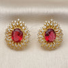 Oro Laminado Stud Earring, Gold Filled Style Cluster and Flower Design, with Garnet and White Cubic Zirconia, Polished, Golden Finish, 02.436.0003