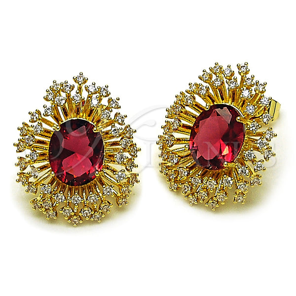 Oro Laminado Stud Earring, Gold Filled Style Cluster and Flower Design, with Garnet and White Cubic Zirconia, Polished, Golden Finish, 02.436.0003