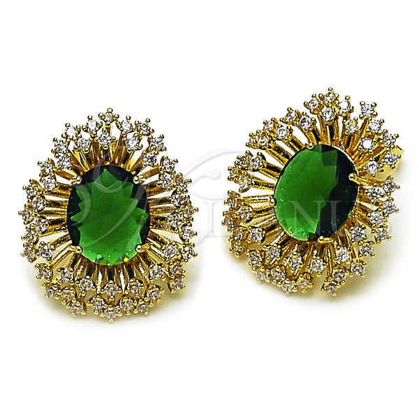 Oro Laminado Stud Earring, Gold Filled Style Cluster and Flower Design, with Green and White Cubic Zirconia, Polished, Golden Finish, 02.436.0003.1