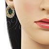 Oro Laminado Stud Earring, Gold Filled Style Cluster and Flower Design, with Green and White Cubic Zirconia, Polished, Golden Finish, 02.436.0003.1