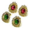 Oro Laminado Stud Earring, Gold Filled Style Cluster and Flower Design, with Green and White Cubic Zirconia, Polished, Golden Finish, 02.436.0003.1