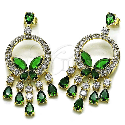 Oro Laminado Chandelier Earring, Gold Filled Style Butterfly and Teardrop Design, with Green and White Cubic Zirconia, Polished, Golden Finish, 02.436.0004