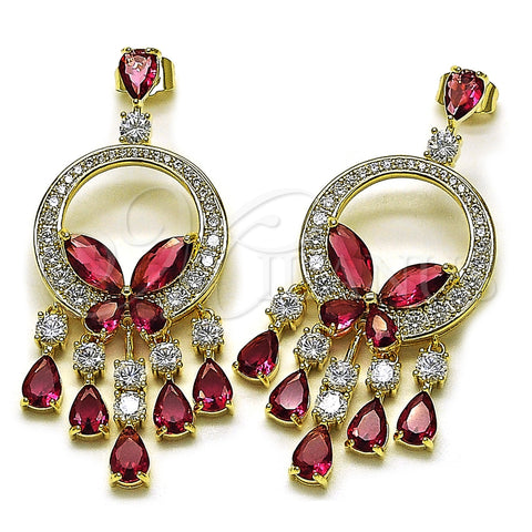Oro Laminado Chandelier Earring, Gold Filled Style Butterfly and Teardrop Design, with Ruby and White Cubic Zirconia, Polished, Golden Finish, 02.436.0004.1