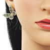 Oro Laminado Stud Earring, Gold Filled Style Butterfly and Baguette Design, with Green and White Cubic Zirconia, Polished, Golden Finish, 02.436.0005