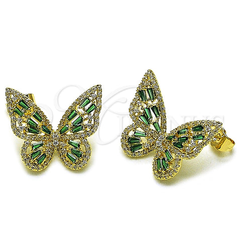 Oro Laminado Stud Earring, Gold Filled Style Butterfly and Baguette Design, with Green and White Cubic Zirconia, Polished, Golden Finish, 02.436.0005