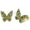 Oro Laminado Stud Earring, Gold Filled Style Butterfly and Baguette Design, with Green and White Cubic Zirconia, Polished, Golden Finish, 02.436.0005