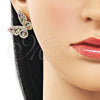 Oro Laminado Stud Earring, Gold Filled Style Butterfly and Baguette Design, with Multicolor and White Cubic Zirconia, Polished, Golden Finish, 02.436.0005.1