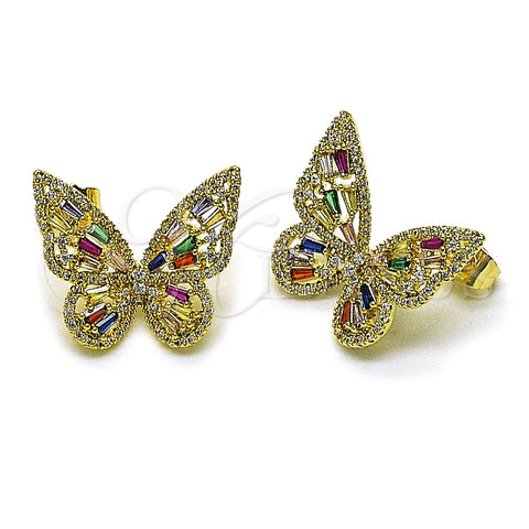 Oro Laminado Stud Earring, Gold Filled Style Butterfly and Baguette Design, with Multicolor and White Cubic Zirconia, Polished, Golden Finish, 02.436.0005.1