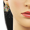 Oro Laminado Stud Earring, Gold Filled Style Flower Design, with Multicolor and White Cubic Zirconia, Polished, Golden Finish, 02.436.0006
