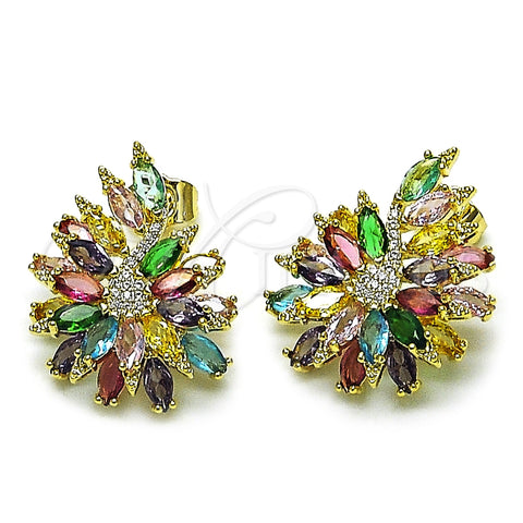 Oro Laminado Stud Earring, Gold Filled Style Flower Design, with Multicolor and White Cubic Zirconia, Polished, Golden Finish, 02.436.0006