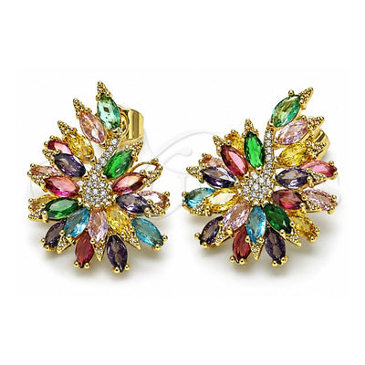 Oro Laminado Stud Earring, Gold Filled Style Flower Design, with Multicolor and White Cubic Zirconia, Polished, Golden Finish, 02.436.0006