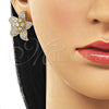 Oro Laminado Stud Earring, Gold Filled Style Flower Design, with White Cubic Zirconia and White Micro Pave, Polished, Golden Finish, 02.436.0007