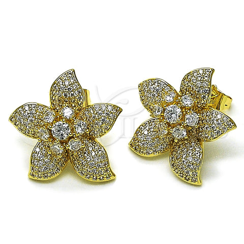 Oro Laminado Stud Earring, Gold Filled Style Flower Design, with White Cubic Zirconia and White Micro Pave, Polished, Golden Finish, 02.436.0007