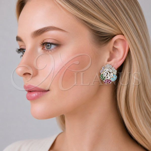 Gold Filled Ring — Stud Earring Flower Design with White and Multicolor — alternate product view — SKU 161673 | Oro Laminado anillo — Stud Earring flor diseño with blanco and Multicolor — SKU 161673