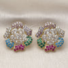 Oro Laminado Stud Earring, Gold Filled Style Flower Design, with White and Multicolor Cubic Zirconia, Polished, Golden Finish, 02.436.0008