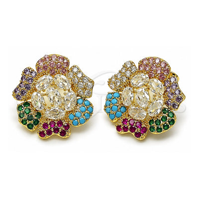 Oro Laminado Stud Earring, Gold Filled Style Flower Design, with White and Multicolor Cubic Zirconia, Polished, Golden Finish, 02.436.0008