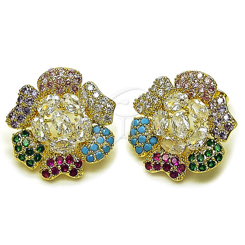 Oro Laminado Stud Earring, Gold Filled Style Flower Design, with White and Multicolor Cubic Zirconia, Polished, Golden Finish, 02.436.0008