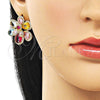 Oro Laminado Stud Earring, Gold Filled Style Flower and Teardrop Design, with Multicolor Cubic Zirconia and White Micro Pave, Polished, Golden Finish, 02.436.0010