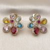 Oro Laminado Stud Earring, Gold Filled Style Flower and Teardrop Design, with Multicolor Cubic Zirconia and White Micro Pave, Polished, Golden Finish, 02.436.0010