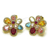 Oro Laminado Stud Earring, Gold Filled Style Flower and Teardrop Design, with Multicolor Cubic Zirconia and White Micro Pave, Polished, Golden Finish, 02.436.0010