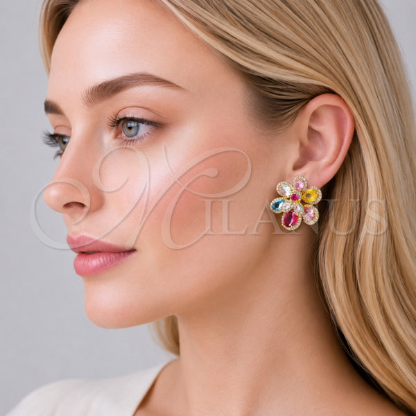 Gold Filled Ring — Stud Earring Flower and Teardrop Design with Multicolor — alternate product view — SKU 161675 | Oro Laminado anillo — Stud Earring flor and Teardrop diseño with Multicolor — SKU 161675