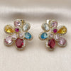 Oro Laminado Stud Earring, Gold Filled Style Flower and Teardrop Design, with Multicolor Cubic Zirconia and White Micro Pave, Polished, Golden Finish, 02.436.0010