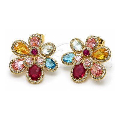 Oro Laminado Stud Earring, Gold Filled Style Flower and Teardrop Design, with Multicolor Cubic Zirconia and White Micro Pave, Polished, Golden Finish, 02.436.0010