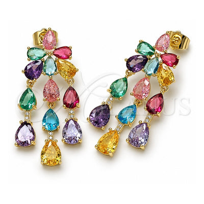 Oro Laminado Stud Earring, Gold Filled Style Teardrop Design, with Multicolor Cubic Zirconia and White Micro Pave, Polished, Golden Finish, 02.436.0011