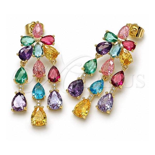 Oro Laminado Stud Earring, Gold Filled Style Teardrop Design, with Multicolor Cubic Zirconia and White Micro Pave, Polished, Golden Finish, 02.436.0011