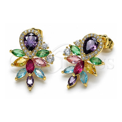 Oro Laminado Stud Earring, Gold Filled Style Teardrop and Cluster Design, with Multicolor Cubic Zirconia and White Micro Pave, Polished, Golden Finish, 02.436.0012