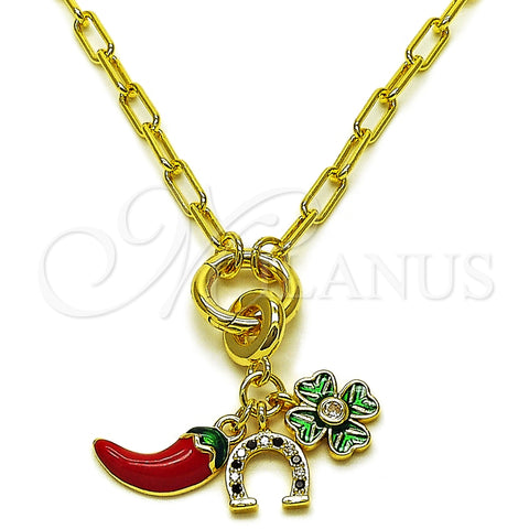 Oro Laminado Fancy Necklace, Gold Filled Style Seahorse and Chili Design, with White and Black Cubic Zirconia, Red Enamel Finish, Golden Finish, 04.341.0241.20