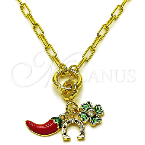 Oro Laminado Fancy Necklace, Gold Filled Style Seahorse and Chili Design, with White and Black Cubic Zirconia, Red Enamel Finish, Golden Finish, 04.341.0241.20 (04 MM Thickness, 50 Inches Length)