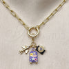Oro Laminado Fancy Necklace, Gold Filled Style and Airplane with White Micro Pave, Purple Enamel Finish, Golden Finish, 04.341.0242.20